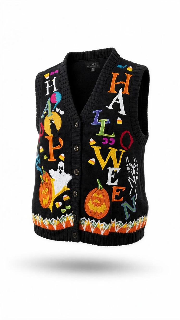 Tiara Petites Sweater Vest Womens Petite Small Black Halloween Button